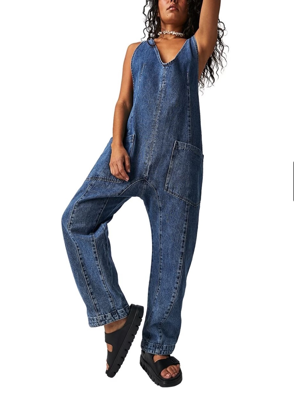 Free People High Roller Denim Jumpsuit Women’s XL Blue Oversized Slouchy